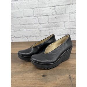 Fly London Yaz Mousse Ballerina Wedge Black Leather Size 36/6 Minimalist Comfort